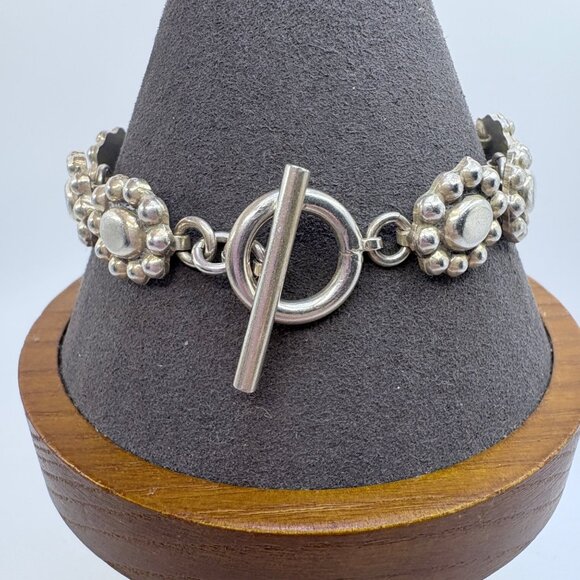 Sterling Silver 925 Beaded Puffed Flower Design Chain Bracelet Size 7" Length - Picture 5 of 10